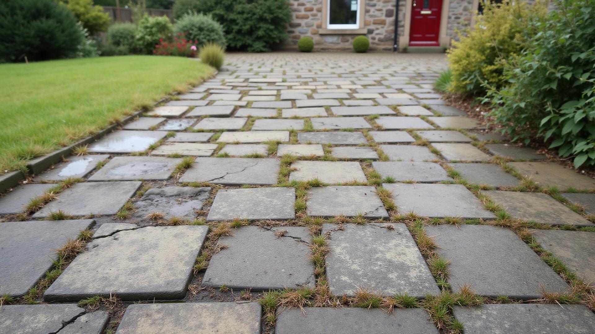 Worn, cracked block paving driveway before renovation in Corstorphine EH12 - showing weeds, moss, and drainage issues